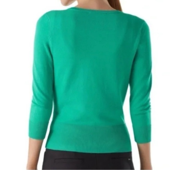 White House Black Market Green Snap Sweater Cardigan Ruffled Lace Trim Large - Picture 3 of 11